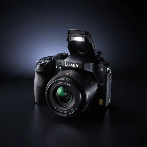 LUMIX CAMERA WITH BLACK DARK BACKGROUND WITH LIGHT,a camera is shown with the flash shining on it,canon 5d mark ii,lumix,full frame camera,lenzing,technikon,panasonic,Photography,General,Realistic