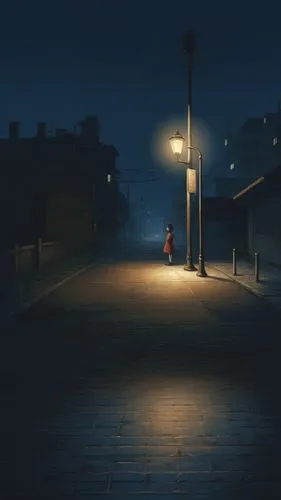 A tall streetlight looks lonely, a girl is standing under it,crewdson,night scene,nocturne,lamplight,streetlight,evening atmosphere,streetlights,nocturnes,girl walking away,street lights,street light,