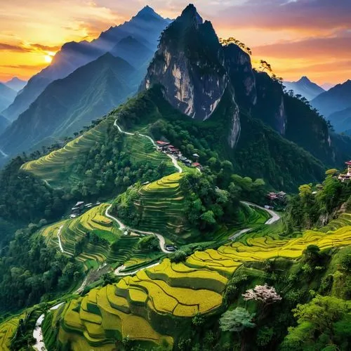 ha giang,yangshao,rice terrace,mountainous landscape,rice terraces,guilin,mountain landscape,rice fields,huadong,yunnan,yangshuo,guizhou,vietnam,the valley of flowers,tamenglong,haicang,yellow mountains,huanglong,wenchuan,yangtze,Illustration,American Style,American Style 11