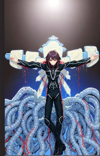 HOMBRE DE CABELLO NEGRO Y TRAJE DE CUERO CRUCIFICADO EN UNA CRUZ METALICA Y ABAJO CABLES,a card with a pink background and green border,constellation snake bearer,toko,bankai,vulnificus,pulpo,okeanos,