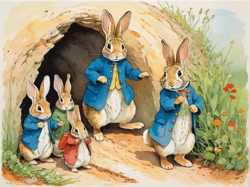 rabbit family at the entrance of their burrow
human features, walking upright, Peter Rabbit, Beatrix Potter,peter rabbit,rabbit family,hare trail,rabbits and hares,rabbits,hare field,hares,easter rabb