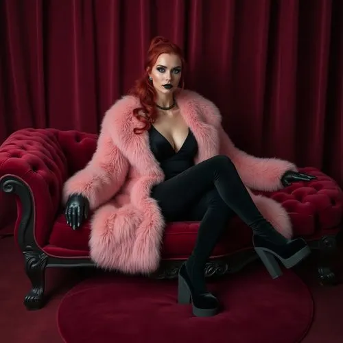 the fur red,pink chair,fur coat,fur,pleather,animal fur,burlesque,leatherette,velveteen,furs,ceremonials,redhead doll,countess,lambskin,velvets,jeffree,femme fatale,vixen,red cat,irisa