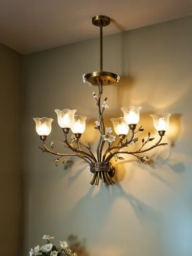 6 light twig semi flush with glass flowers finish in antique brass wrap in wires,a chandelier hanging from a ceiling in a dining room,ceiling lamp,ceiling light,sconces,halogen spotlights,chandeliered