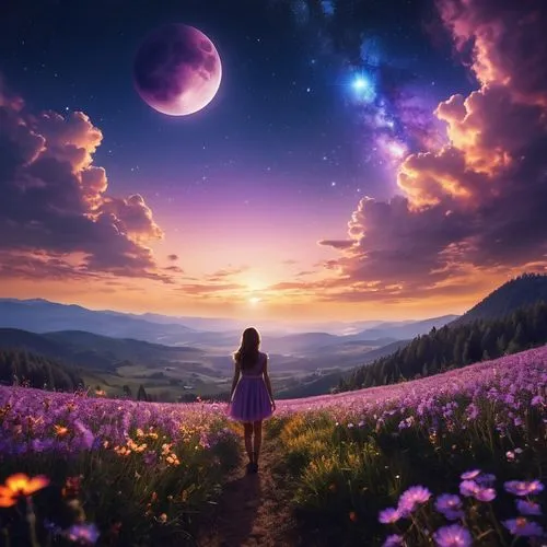 purple landscape,fantasy picture,purple moon,dreamscape,dream world,moon and star background,dreamscapes,photo manipulation,universe,fairy galaxy,fantasy landscape,cosmos field,landscape background,wonderlands,the universe,horizons,photomanipulation,nature background,cosmically,the mystical path,Photography,General,Realistic