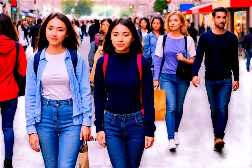 crowded city scene, many people walking, diverse faces, different ages, casual clothing, jeans, t-shirts, backpacks, shopping bags, busy street, morning commute, blurred motion, shallow depth of field