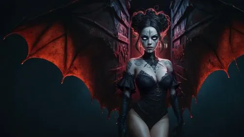 Añade un enorme murciélago colgando boca abajo goteando sangre de la boca,vampire woman,vampire lady,dark elf,evil fairy,vampire,devil,evil woman,angel of death,gothic portrait,gothic woman,gothic fas