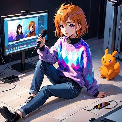 gamecube,girl studying,vicuña,in a studio,cg artwork,girl at the computer,aqua studio,camera illustration,illustrator,anime 3d,classroom,consoles,animator,student with mic,nintendo gamecube,artist portrait,sweatshirt,knitting,study,artist,Anime,Anime,Realistic