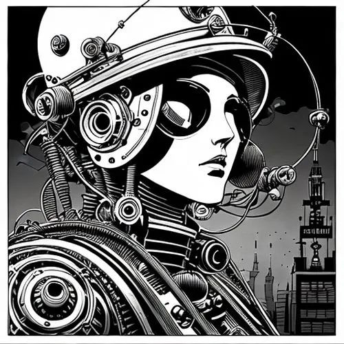 Steampunk robot made of wires and copper armor looking out over the river.,steampunk,clockmaker,streampunk,biomechanical,sci fiction illustration,clockwork,steam icon,overtone empire,adobe illustrator