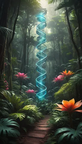 control system hologram, DNA molecules connection, tropical forest, tall tropical trees, flowers, ,dna helix,pathway,the mystical path,dna,spiral background,the way of nature,rna,dna strand,tree top p