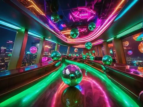 ufo interior,spaceland,nightclub,colored lights,spaceship interior,party lights,dancefloor,neon cocktails,disco,limo,bumper cars,prism ball,bowlmor,discotheque,hyperspace,teacups,dancefloors,light trail,lightwaves,discotheques,Illustration,Realistic Fantasy,Realistic Fantasy 38