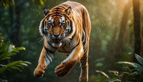 Siberian tiger jumping rain forest sunset realistic cinematic style photography.,sumatran tiger,bengal tiger,tiger,asian tiger,a tiger,tiger png,young tiger,bengal,chestnut tiger,sumatran,tigers,siber