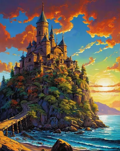 knight's castle,fairy tale castle,fairytale castle,castle of the corvin,water castle,castle,summit castle,studio ghibli,gold castle,fantasy landscape,disney castle,castel,medieval castle,fantasy picture,ruined castle,fantasy city,fantasy world,castleguard,ghost castle,house of the sea,Illustration,Realistic Fantasy,Realistic Fantasy 06