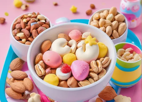 In a futuristic world, describe the taste of newly invented mixed nuts that can change flavors based on the consumer's mood.,candy bar,kawaii food,easter rabbits,babycino,easter theme,novelty sweets,m