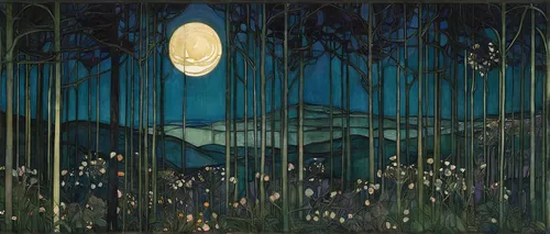 mirror in the meadow,night scene,art nouveau,vincent van gough,moonlit night,art nouveau design,art nouveau frame,the sleeping rose,moonlit,hanging moon,monkshood,rusalka,crescent spring,shirakami-sanchi,at night,mucha,alfons mucha,moonlight,tommie crocus,phase of the moon,Illustration,Retro,Retro 05