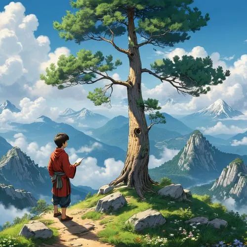 world digital painting,landscape background,ghibli,mountain world,isolated tree,mountain scene,hiromasa,pine,wander,pine tree,alpine crossing,high landscape,hiker,hoenn,konietzko,lone tree,kaban,katara,pines,sokka,Unique,Design,Blueprint