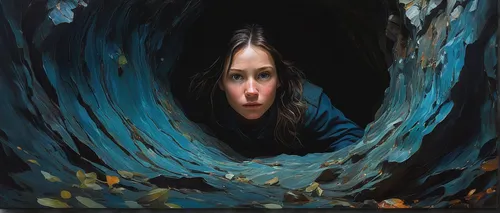 woman at the well,scared woman,oil painting on canvas,knothole,blue cave,oil painting,world digital painting,hollow way,blue painting,the blue caves,crevasse,woman thinking,mystical portrait of a girl,caving,storm drain,sheltered,the girl's face,uprooted,girl with a wheel,submerge,Conceptual Art,Oil color,Oil Color 05