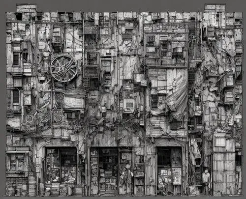 hashima,menger sponge,menger,biomechanical,mechanical puzzle,kowloon city,mandelbulb,gunkanjima,dilapidated building,ruin,assemblage,dilapidated,rubble,destroyed city,building rubble,scrap sculpture,photomontage,fragmentation,apartment block,cross section,Art sketch,Art sketch,Concept