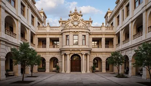 Elegant academic building facade, symmetrical composition, ornate stone carvings, arched windows, classical columns, intricately designed balustrades, subtle rustication, weathered brick walls, decora