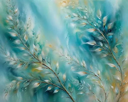 Create a dreamy atmosphere with a soft and ethereal background,grasses in the wind,underwater background,underwater landscape,floral digital background,flower painting,north sea oats,watercolor leaves