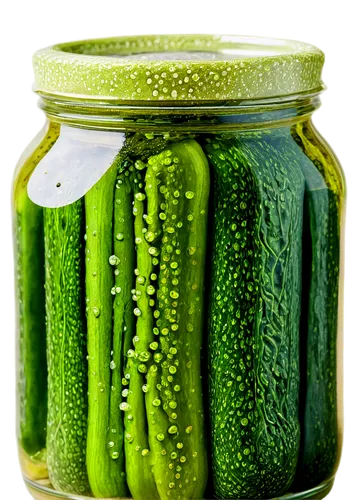 Dill pickles, glass jar, transparent container, green-yellow color, detailed texture, water droplets, natural lighting, close-up shot, 3/4 composition, shallow depth of field, warm color tone, cinemat