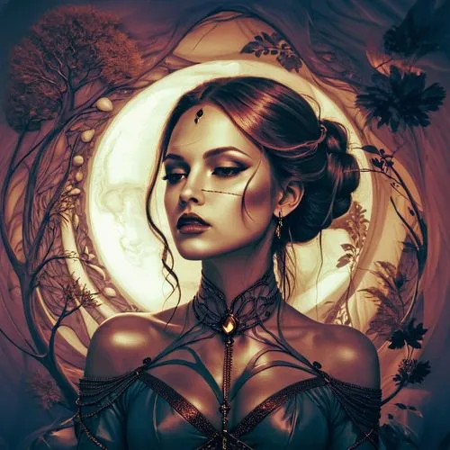 at random,an illustration of a woman wearing jewelry and necklace,fantasy portrait,persephone,sorceress,vampire woman,pernicious,hecate,Illustration,Realistic Fantasy,Realistic Fantasy 45