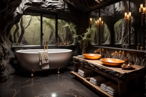 luxury bathroom,hobbiton,tree house hotel,interior design,bath accessories,washbasin,great room,wash basin,washroom,bathroom accessory,hobbit,bathtub accessory,the throne,boutique hotel,bathroom,luxury hotel,cistern,enchanted forest,stone sink,bathtub