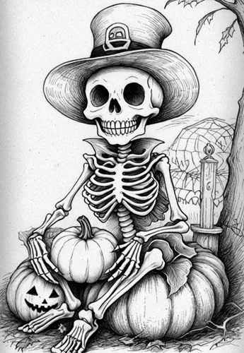 : Design Sketch-Rough Outline ,a skeleton is sitting next to pumpkins,la catrina,vintage skeleton,la calavera catrina,day of the dead skeleton,dia de los muertos,calavera,Design Sketch,Design Sketch,D