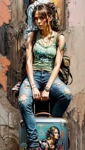 street artists,street artist,italian painter,streetart,graffiti art,travel woman,bodypainting,oil painting on canvas,suitcase,girl sitting,street art,oil painting,girl in t-shirt,photoshop manipulation,urban street art,woman thinking,woman sitting,traveller,urban art,city ​​portrait