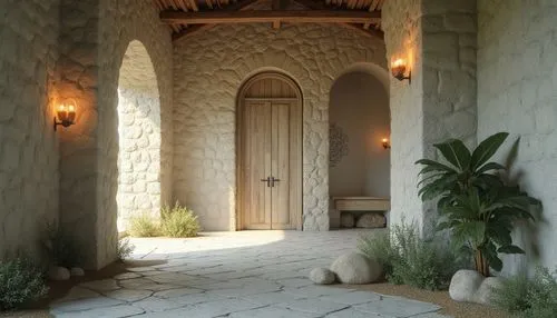 Weathered stone walls, rustic wooden accents, soft warm lighting, gentle shadows, earthy tones, mossy greens, misty blues, creamy whites, natural textures, organic forms, serene atmosphere, peaceful a