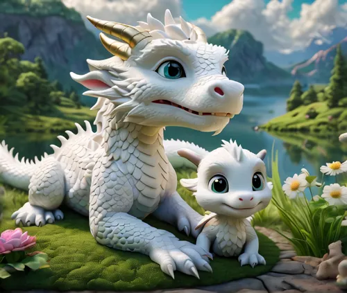 A super cute little white Chinese dragon rests next to a newborn baby. pixar style,The background is a spring meadow with a lake next to it, wrapped in clouds,full of greenery,big charming eyes, cute 