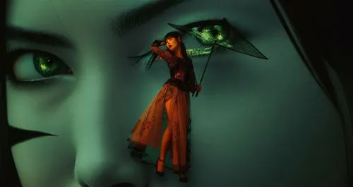 An amazing japanese young woman  with red lips and green eyes,a girl is holding two umbrellas and green eyes,planescape,pernicious,piccioni,coraline,psychonauts,halloween poster,Illustration,Japanese 