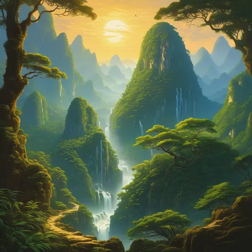 fantasy landscape,mountainous landscape,zhangjiajie,forest landscape,mountain landscape,landscape background,mountain scene,vietnam,karst landscape,yellow mountains,river landscape,guizhou,nature landscape,an island far away landscape,wuyi,cartoon video game background,huangshan maofeng,world digital painting,high landscape,the forests,Conceptual Art,Fantasy,Fantasy 28