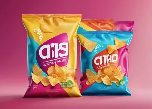 Snack packaging, chips bag, colorful branding, shiny surface, crinkled texture, modern typography, flat design, rounded edges, white background, product shot, 45-degree angle, softbox lighting, shallo