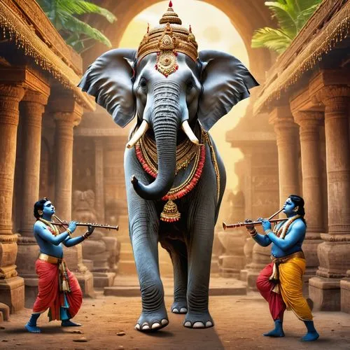 a real elephant playing a flute in standing position as lord krishna in a junglr with gopikas around,vinayagamoorthy,ganapati,ganapathy,vinayagamoorthi,guruvayur,mylapore,thirumal,vinayaka,elavumthitt