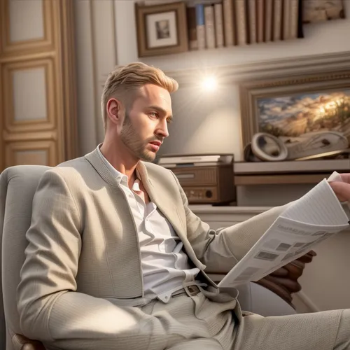 men's suit,wing chair,gosling,businessman,men sitting,men's wear,blonde sits and reads the newspaper,chris evans,white-collar worker,suit trousers,male model,men clothes,the suit,grey neck king crane,wedding suit,e-reader,goslings,business icons,suit actor,suit of spades