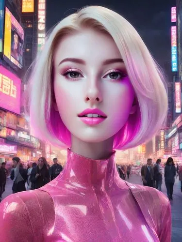 A beautiful futuristic peroxide blonde android with plastic skin and a bob hairstyle with pink ombre at the tips, shiny clothes, plenty of bold colourful makeup like a Revlon advert of the distant fut