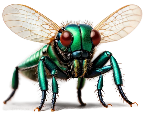 Insect, macro photography, extreme close-up, compound eyes, delicate wings, antennae, shiny exoskeleton, green metallic body, intricate details, natural light, soft focus, shallow depth of field, warm