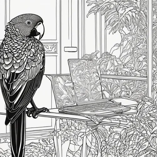 Write a funny dialogue between Chamo and a mischievous talking parrot.,line art birds,coloring pages,coloring page,line art animals,flower and bird illustration,an ornamental bird,bird illustration,or