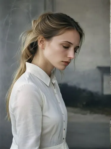 Crying woman in profile. Tears flowing heavily. Black clothes.,young woman in white shirt sitting and looking at camera,sarikaya,risberg,petka,abnegation,white shirt,girl in the kitchen,Photography,Bl