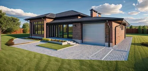 a modern one-story house with a garage, with different angles and perspectives:

1. A modern one-story house with an attached garage, brick veneer exterior in a red running bond pattern with visible b