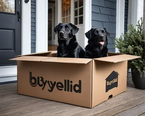 Whimsical pair of black dogs emerges from a new cardboard box, a clear 'BuySellBid.com' logo written on the box, as if it's been hibernating within the packaging, surrounded by a wooden porch,package 