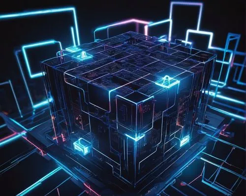 Cybersecurity, futuristic, mesh architecture, complex network, glowing blue lines, circuit board patterns, neon lights, metallic structure, intricate details, wires, cables, nodes, 3D visualization, a