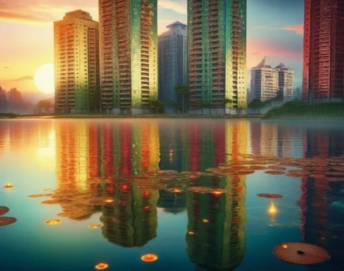 An amazing nude japanese young woman  with red lips and green eyes,many high rise buildings by the water and clouds,songdo,cyberjaya,daecheong lake,jakarta,chongqing,megapolis,Illustration,Realistic F