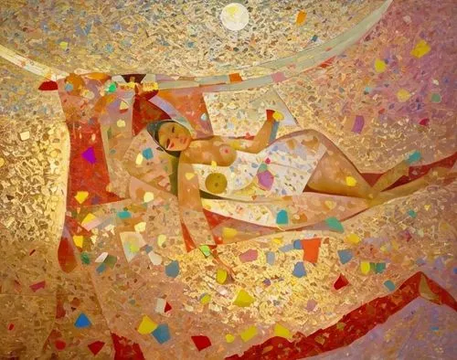 the ancient Greek myth about the "abduction of Europa", the image of a woman lying on a red bull that swims in the sea, cubist painting, Alexander Deineka, tumblr, figurative art, confetti, white robe