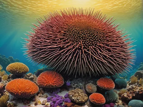 anemonefish,anemone fish,sea-urchin,coral reefs,sea anemone,ray anemone,sea urchin,great barrier reef,large anemone,coral reef,coral guardian,sea anemones,anemone of the seas,sea life underwater,stony coral,coral fish,filled anemone,feather coral,tube anemone,tubular anemone,Illustration,Retro,Retro 22