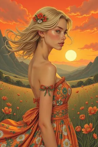 fantasy art,orange rose,heatherley,orangefield,flower in sunset,fantasy picture,orange roses,klarwein,behenna,girl in flowers,orange blossom,sun roses,godward,splendor of flowers,jessamine,fantasy portrait,orange poppy,tiger lily,sun flowers,bohemian art