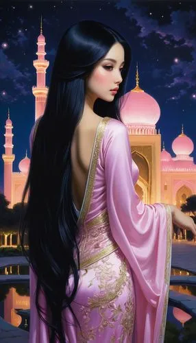 sheherazade,rem in arabian nights,scheherazade,orientalist,oriental princess,islamic girl,Illustration,Realistic Fantasy,Realistic Fantasy 08