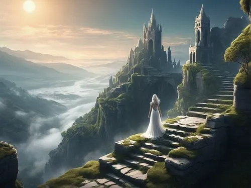 Fantasy world, ancient ruins, mysterious ambiance, magical glowing plants, vines entwining stone structures, moss-covered stairs, crumbling walls, intricate carvings, a lone figure, andúnië, young gir