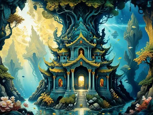 amazing fractal,an illustration of a fairy - like building with a fountain at night,cartoon video game background,wishing well,alfheim,fantasy picture,fairy village,underwater oasis,Illustration,Reali