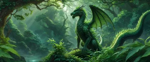 a green dragon sitting on top of a lush green forest,forest dragon,patrol,aaaa,dragon of earth,emerald lizard,fantasy picture